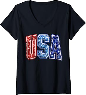 Women's Patriotic Red White Blue USA Sparkle 4th of July American V-Neck T-Shirt