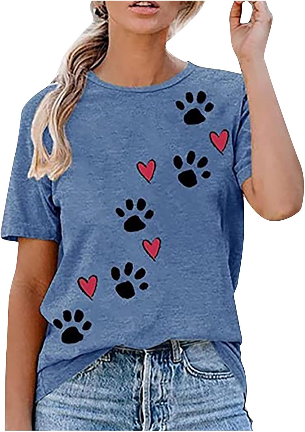 Cute Dog Paw Print T-Shirts for Women Love Heart Short Sleeve Shirts Dog Lover Tee Dog Mom Tops Summer Casual Blouse