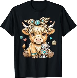 Cute Highland Cow Drink Coffee Leopard Bow Western Cowgirl T-Shirt