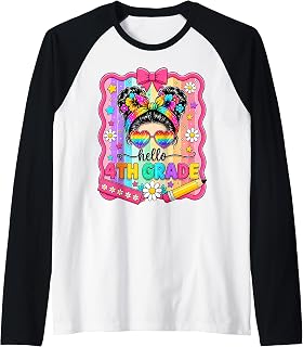Hello 4th Grade Rainbow Back to School Messy Bun Girl Raglan Baseball Tee