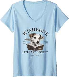Women's Wishbone Literary Society Vintage Book Lover Dog Design V-Neck T-Shirt