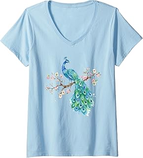 Women's Watercolor Peacock Mahjong Cherry Blossom Bird Mah-Jongg V-Neck T-Shirt