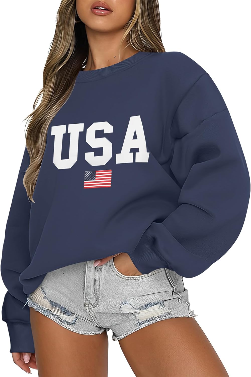Women's Oversized USA Graphic Letter Print Sweatshirts Crewneck Patriotic Fleece Pullover Tops Winter Sweater