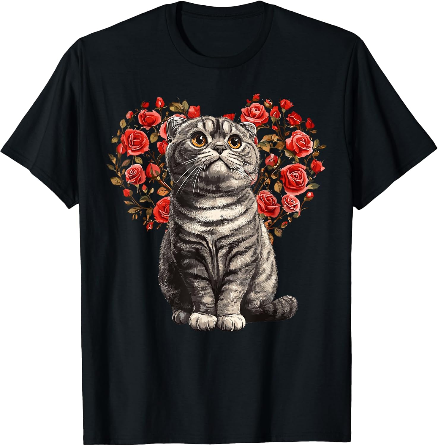 Scottish Fold Cat Lover Floral Heart Valentines Day T-Shirt