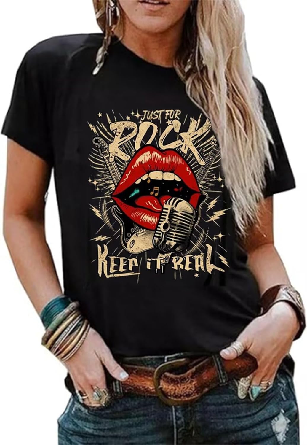 Rock N Roll Shirt Women Vintage Rock Music Graphic Shirt Country Music Tee Funny Letter Printed Casual Short Sleeve Tops