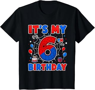 Kids It's My 6th Birthday Boy Spider Web Theme Party 6 Year Old T-Shirt
