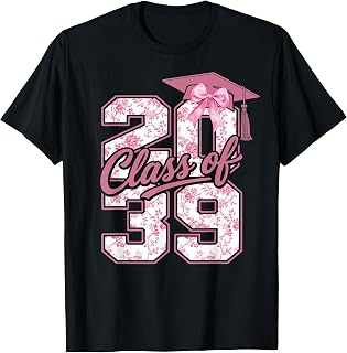 Class of 2039 Grow with Me Graduation Pink Coquette Bow Girl T-Shirt