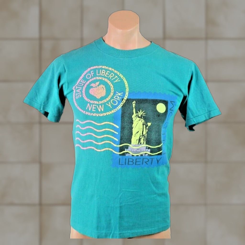 Vintage Vtg Statue Of Liberty Neon Puffy Paint Single Stitch Vacation T Shirt M Green Usa Oneita 80s Hoodie, Sweatshirt