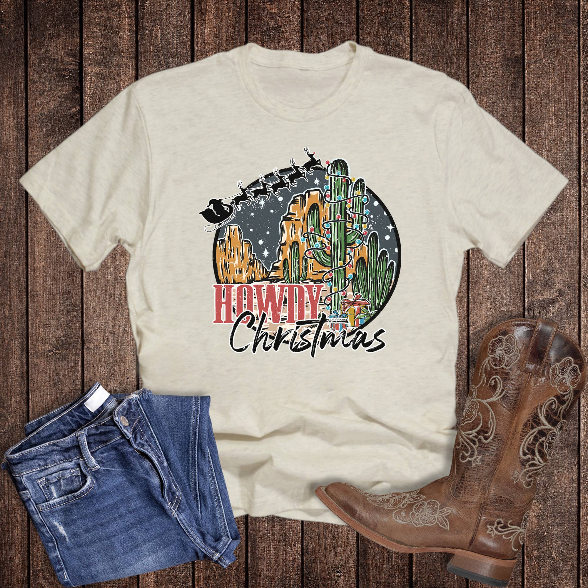 Retro Howdy Christmas Cactus Graphic Tee Hoodie, Sweatshirt | PodTeesHub.com