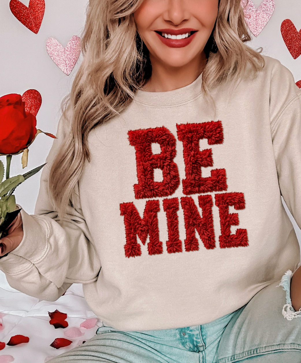 Faux Fuzzy Be Mine Valentine Cream Sweatshirt T-Shirts, Hoodie | PodTeesHub.com