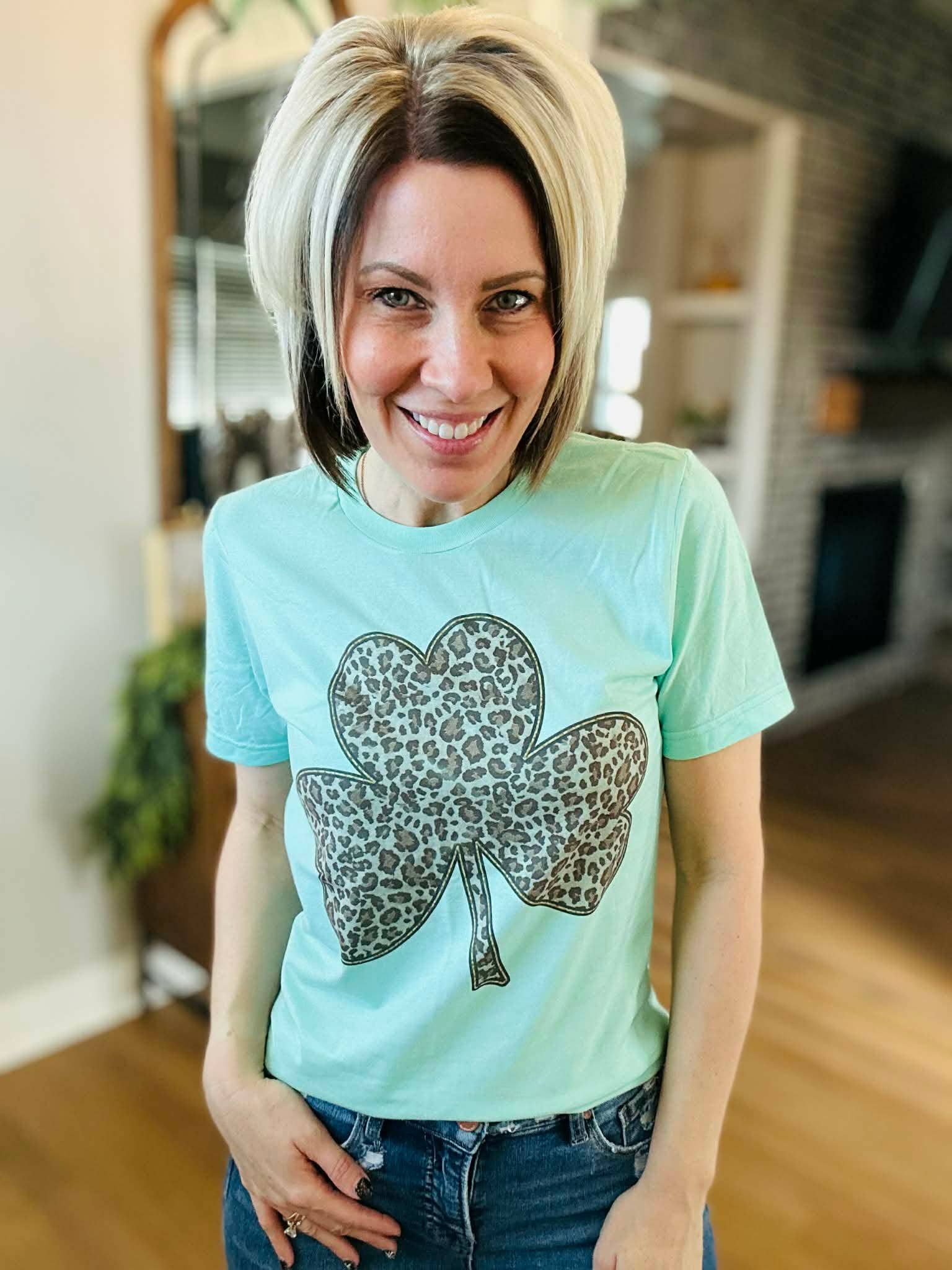 New St Patty Leopard Shamrock Mint Spring Graphic Tee Hoodie, Sweatshirt | PodTeesHub.com