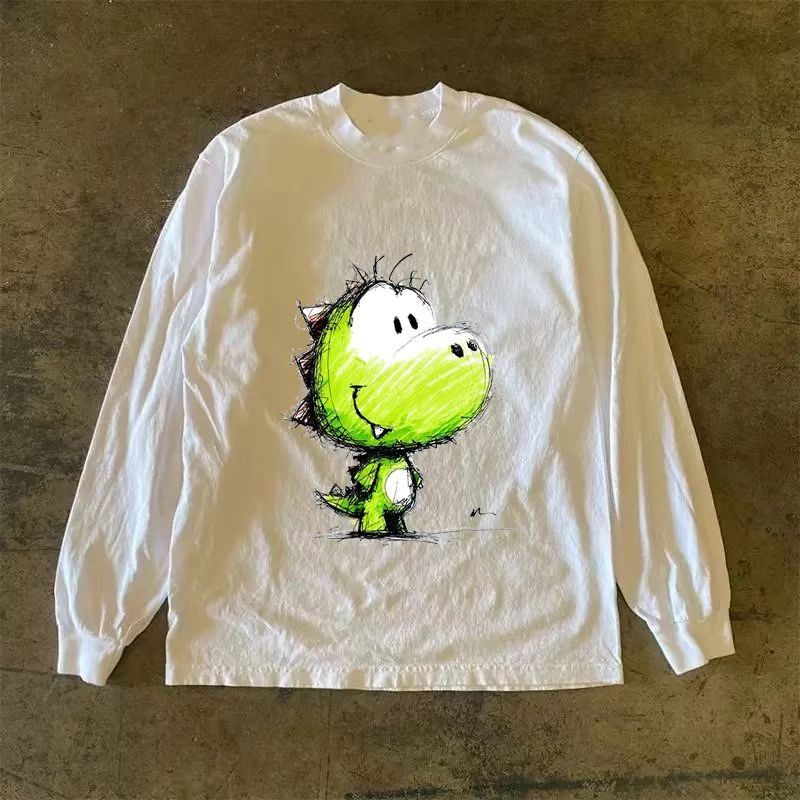 Vintage White Retro Dinosaur Print Long Sleeved T Shirt Hoodie, Sweatshirt | PodTeesHub.com