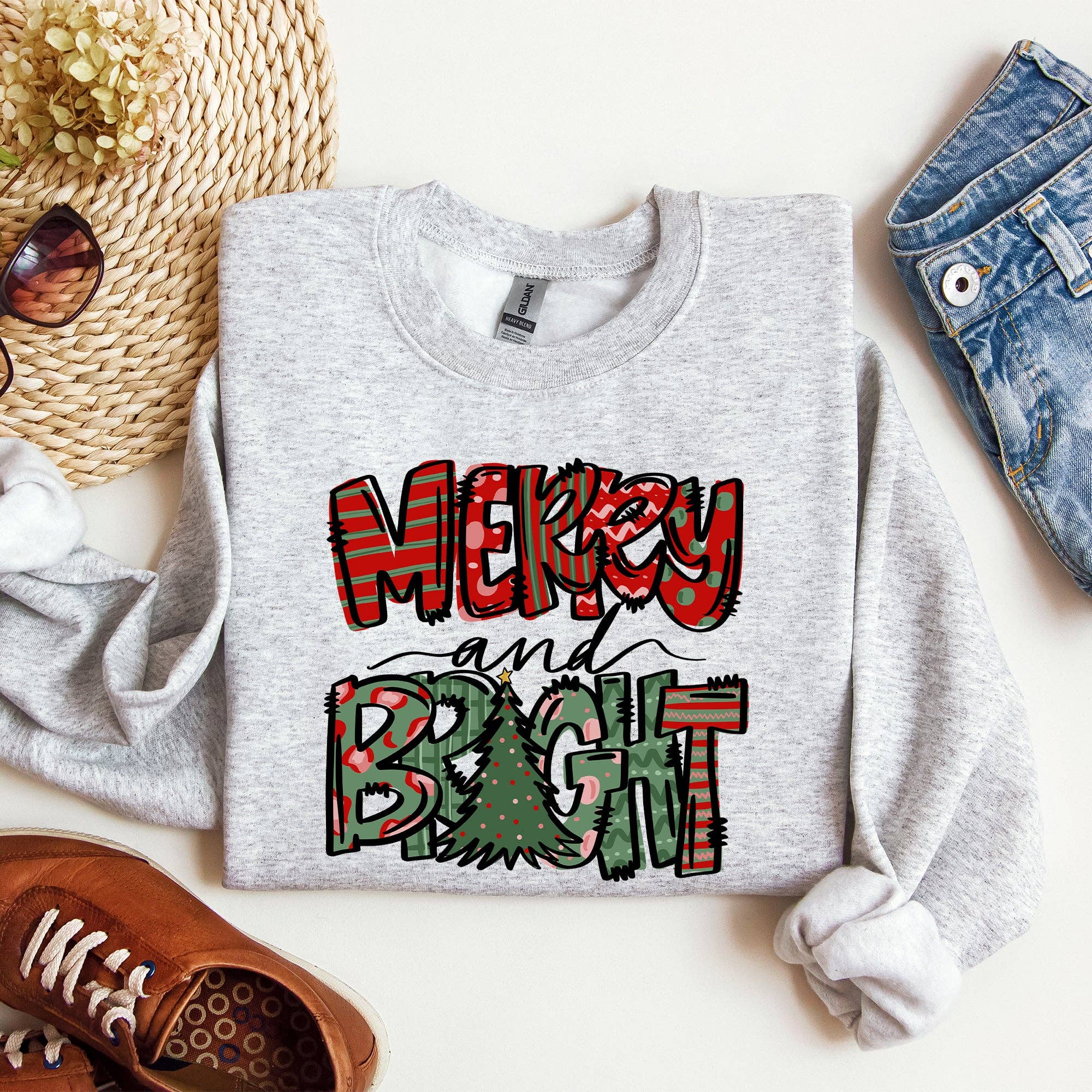 Merry and Bright, Christmas Tree, Colorful, Xmas Sweatshirt T-Shirts, Hoodie | PodTeesHub.com