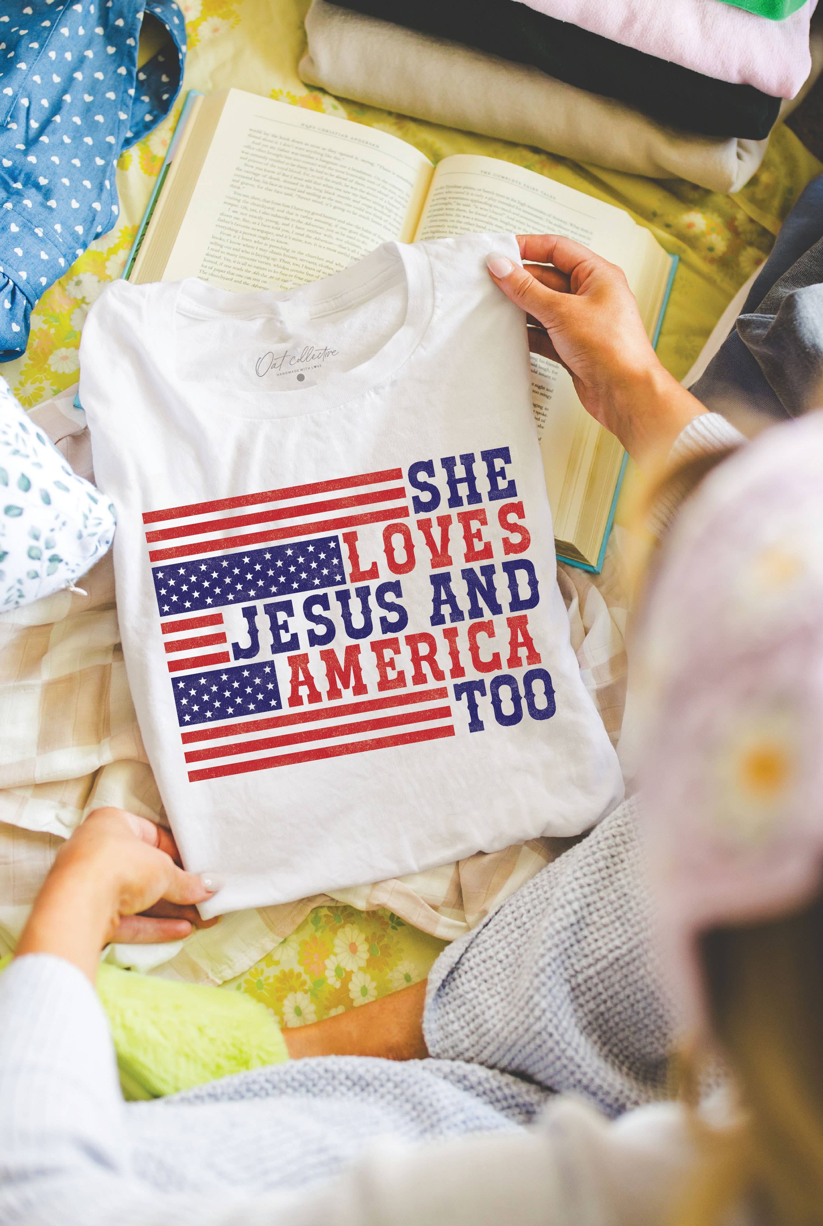 She Loves Jesus and America Too Graphic T-Shirt Hoodie, Sweatshirt | PodTeesHub.com