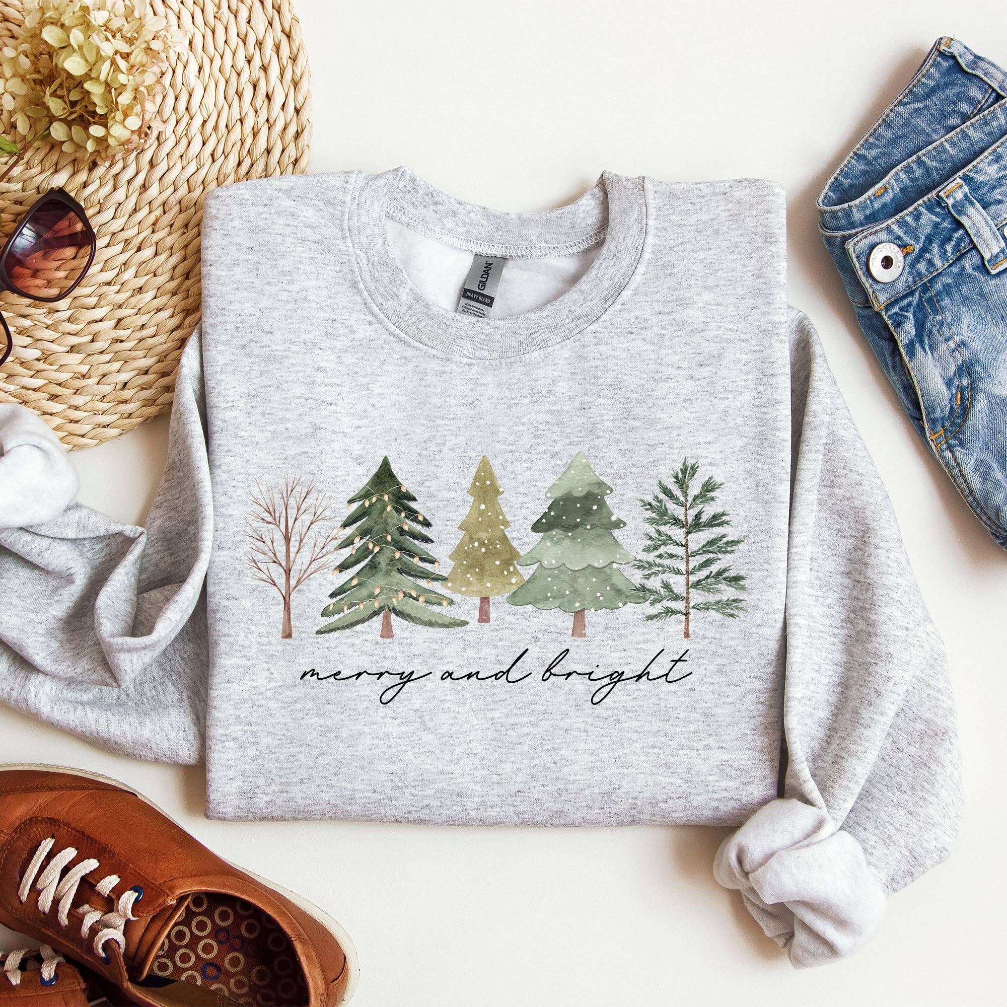 Merry and Bright, Christmas Trees Minimalist Xmas Sweatshirt T-Shirts, Hoodie | PodTeesHub.com