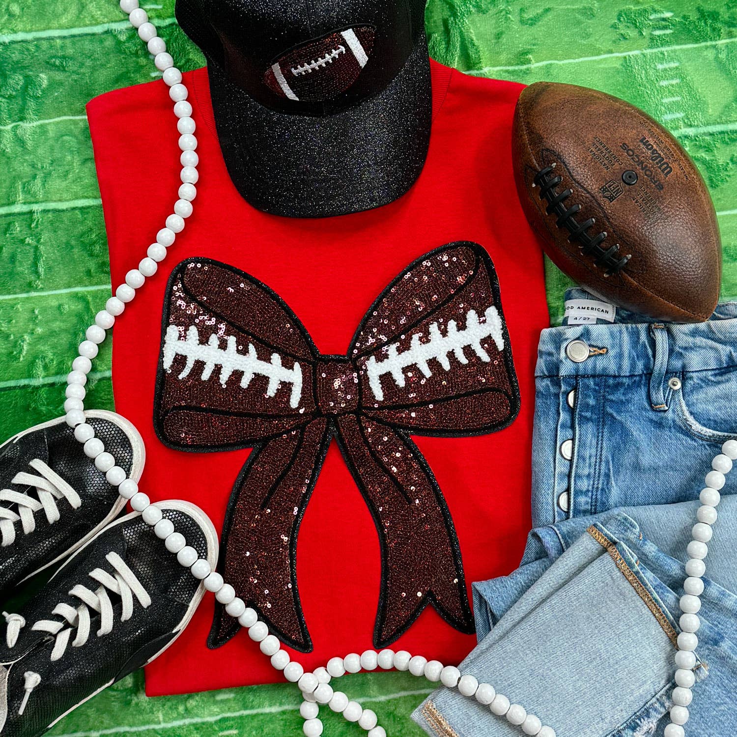 Sequins Football Bow Patch Red Everyday Tee Hoodie, Sweatshirt | PodTeesHub.com