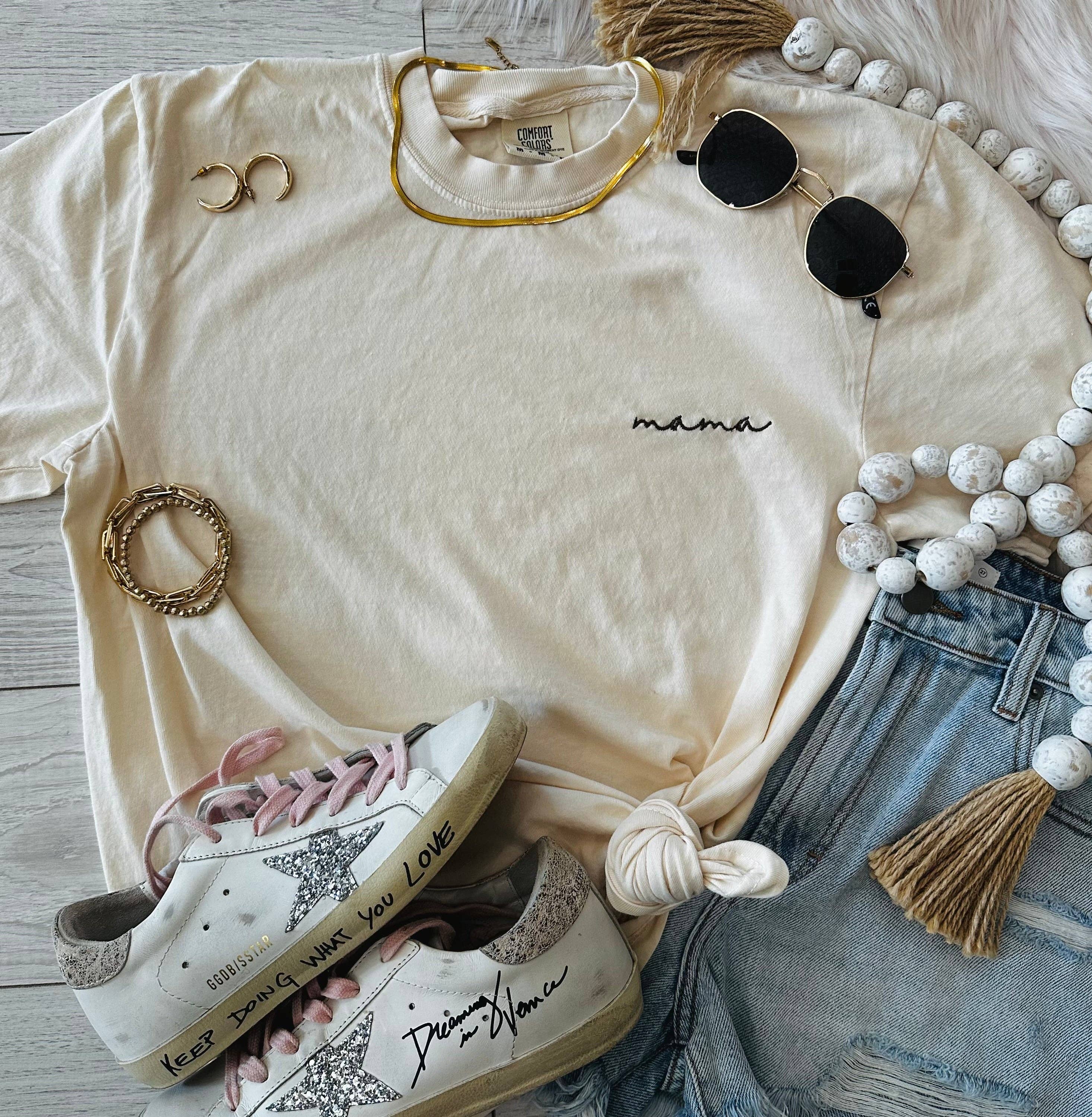 Ivory Dainty Mama Embroidered Tee Hoodie, Sweatshirt | PodTeesHub.com