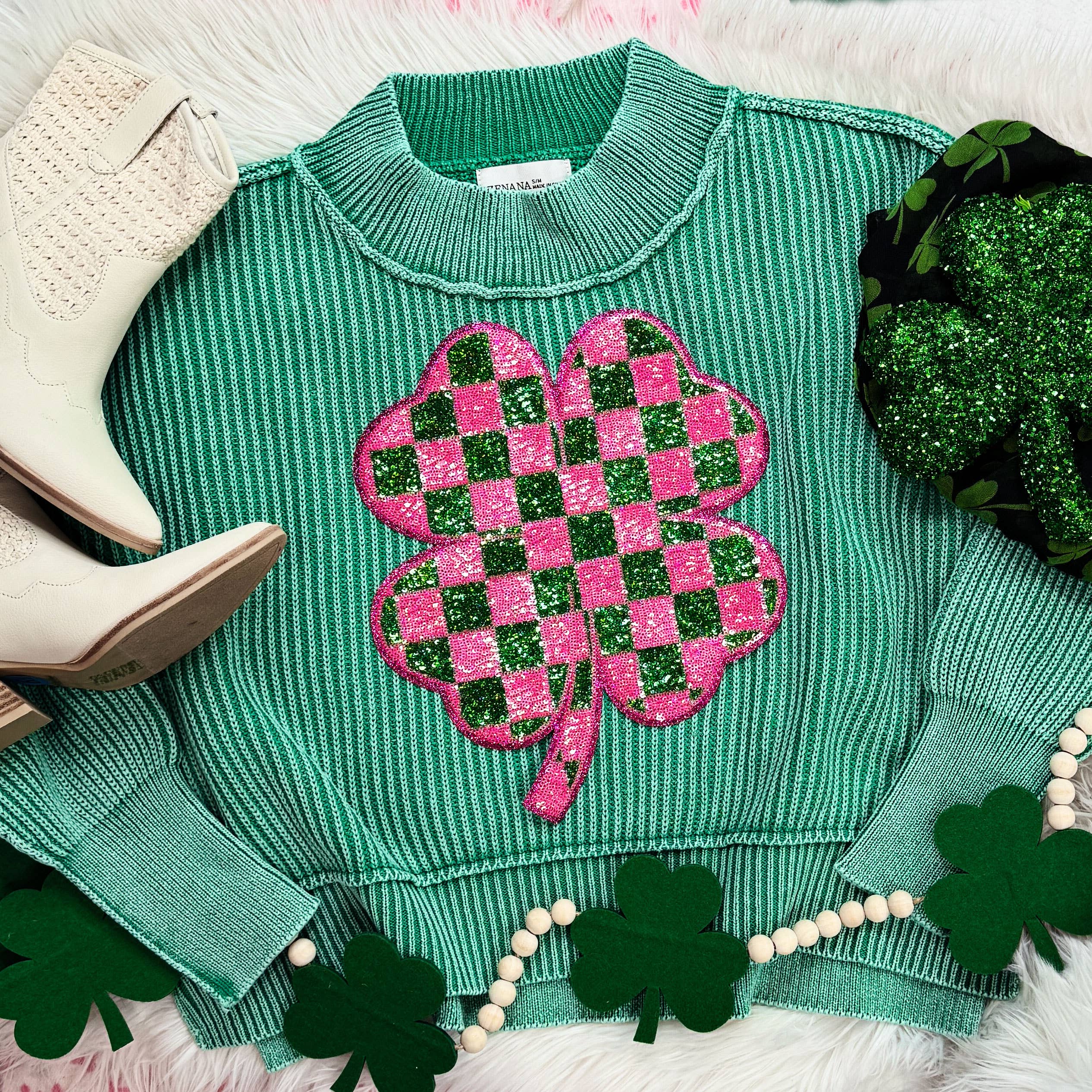 Checkered Shamrock Sequin Patch Ribbed Green Oversized Crop Sweater T-Shirts, Hoodie, Sweatshirt | PodTeesHub.com