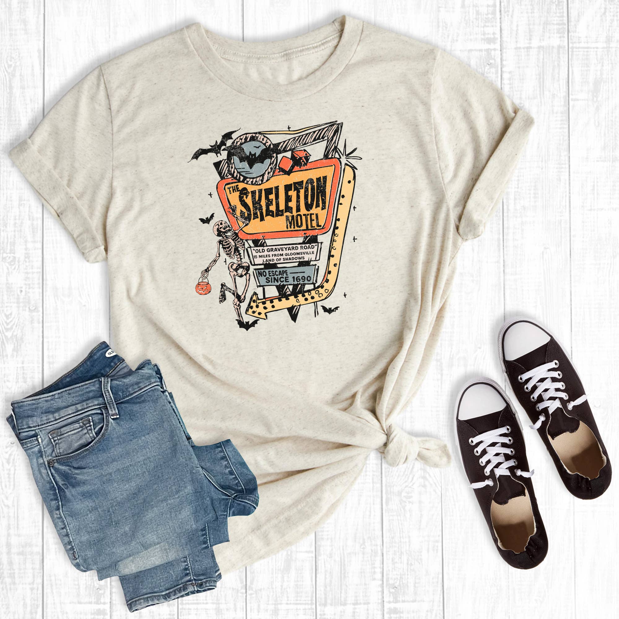 Retro Halloween the Skeleton Motel Graphic Tee Hoodie, Sweatshirt | PodTeesHub.com