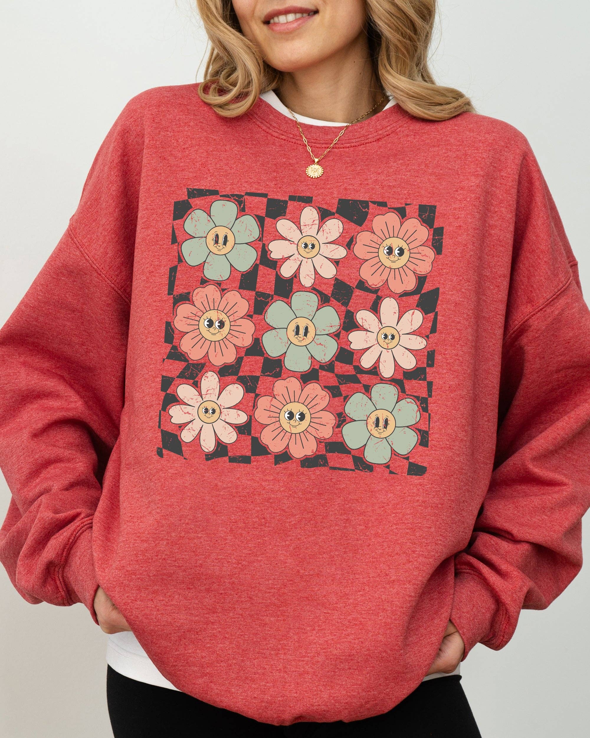 Retro Flowers, Checkered, Daisies, Hippie Cute Sweatshirt T-Shirts, Hoodie | PodTeesHub.com