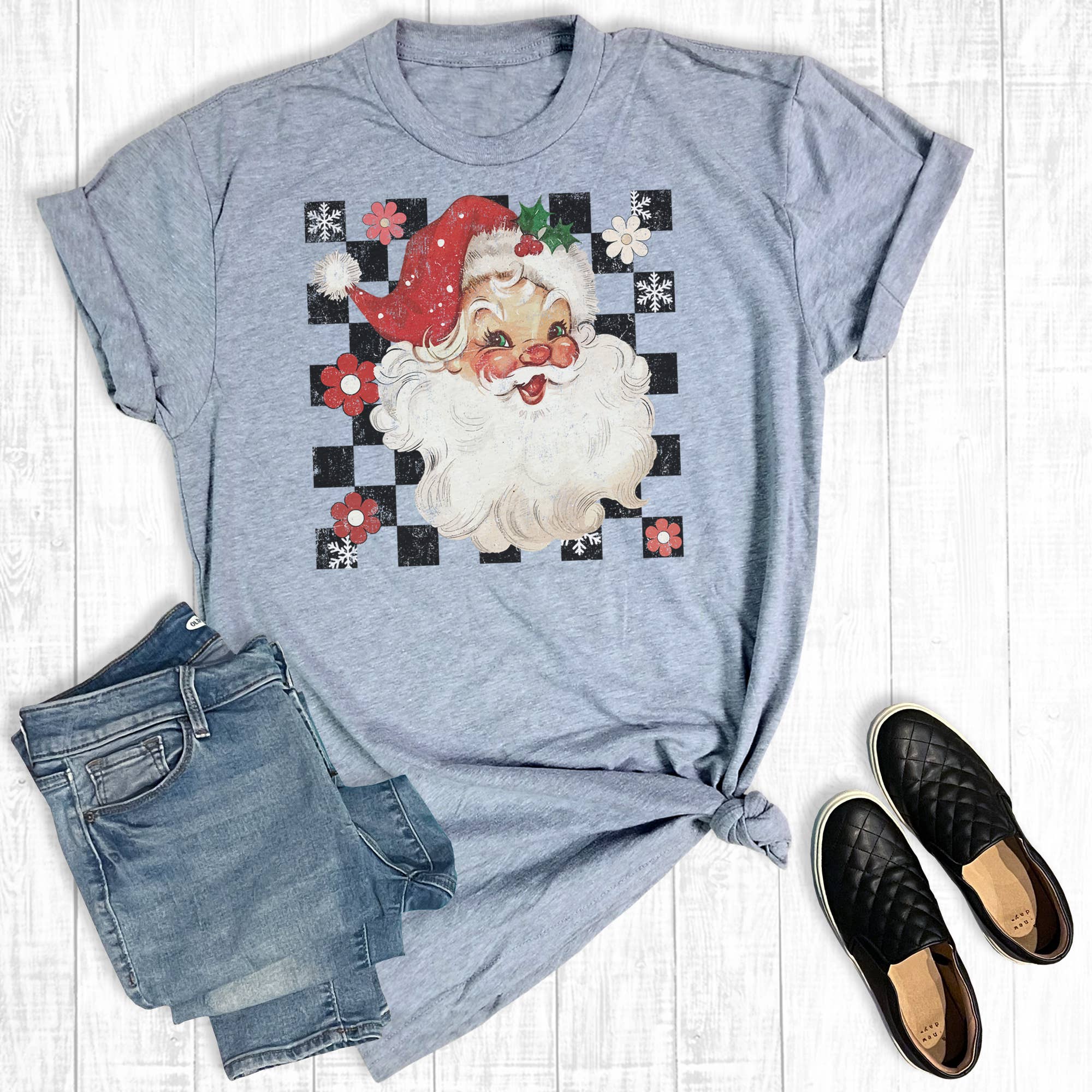 Retro Christmas Checkered Santa Graphic Tee Hoodie, Sweatshirt | PodTeesHub.com