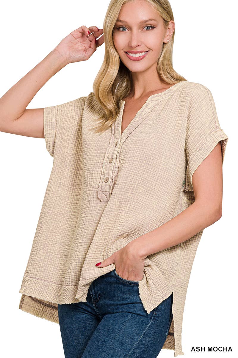 `"Washed Double Gauze Henley Neck Short Sleeve Shirt Hoodie, Sweatshirt | PodTeesHub.com