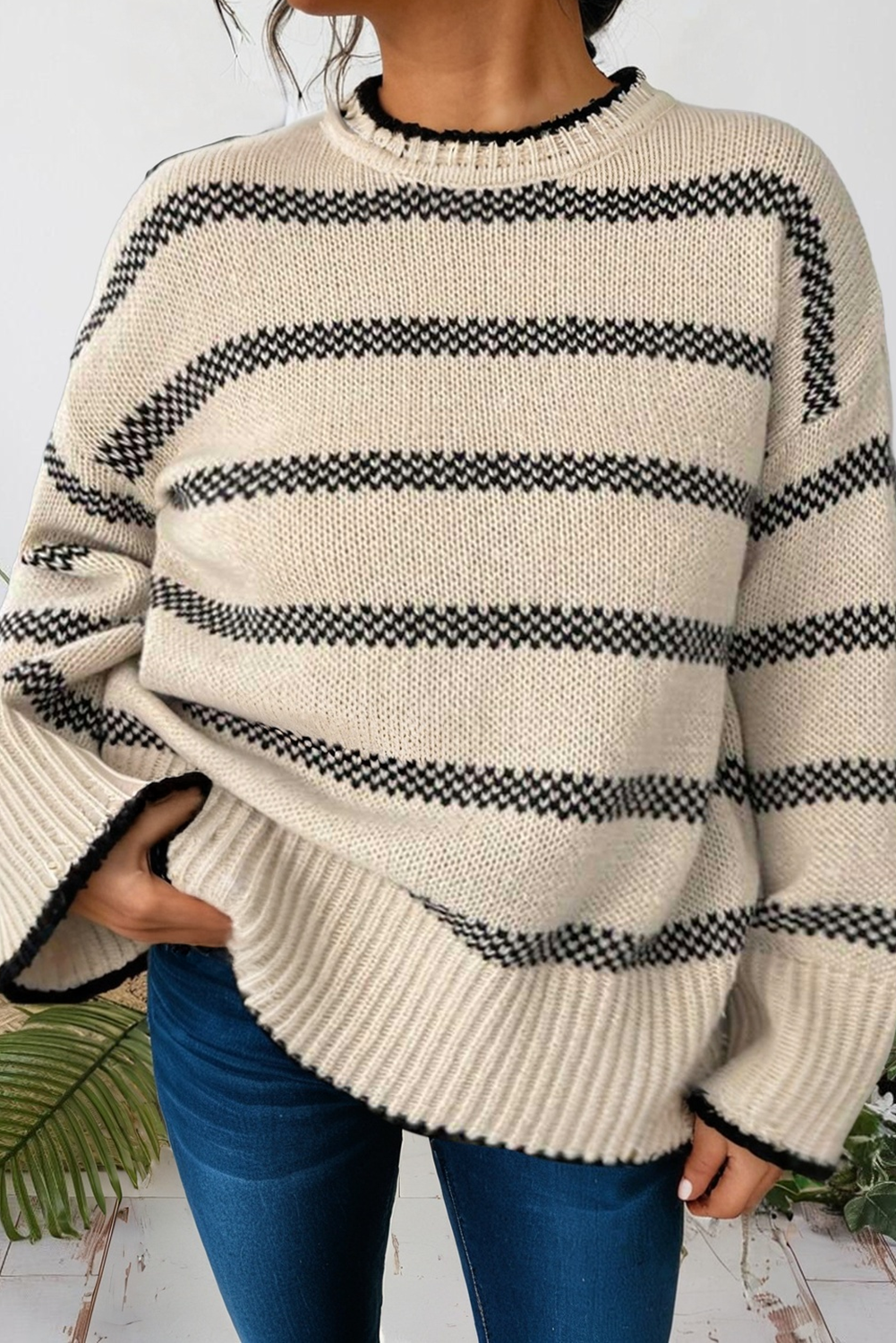 Stripe Wide Sleeve Drop Shoulder Crew Neck Plus Sweater T-Shirts, Hoodie, Sweatshirt | PodTeesHub.com