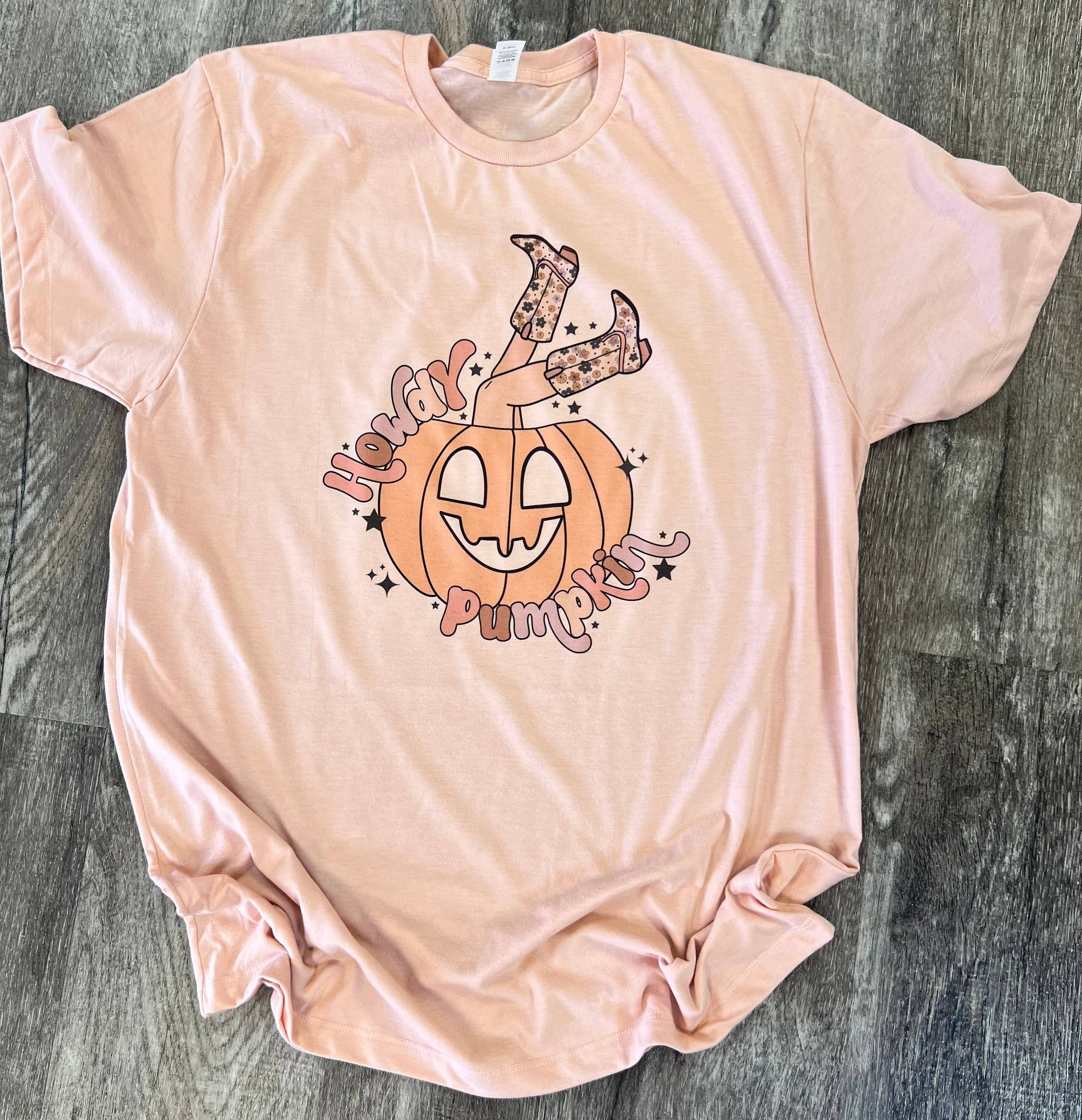 Howdy Pumpkin Cowgirl Boots On Peach Tee Hoodie, Sweatshirt | PodTeesHub.com