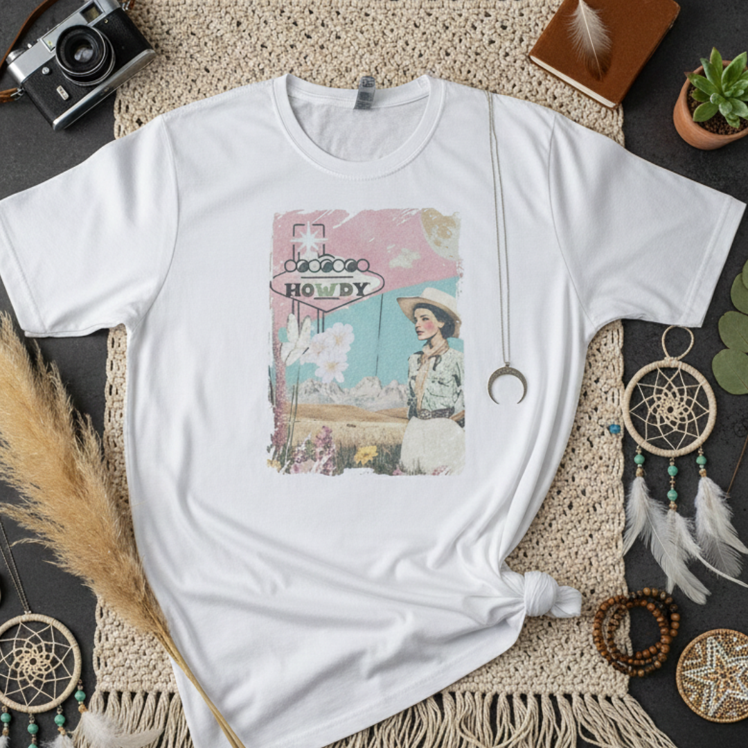 Desert Collage Style Howdy Vegas Retro Vintage Graphic Tee Hoodie, Sweatshirt | PodTeesHub.com