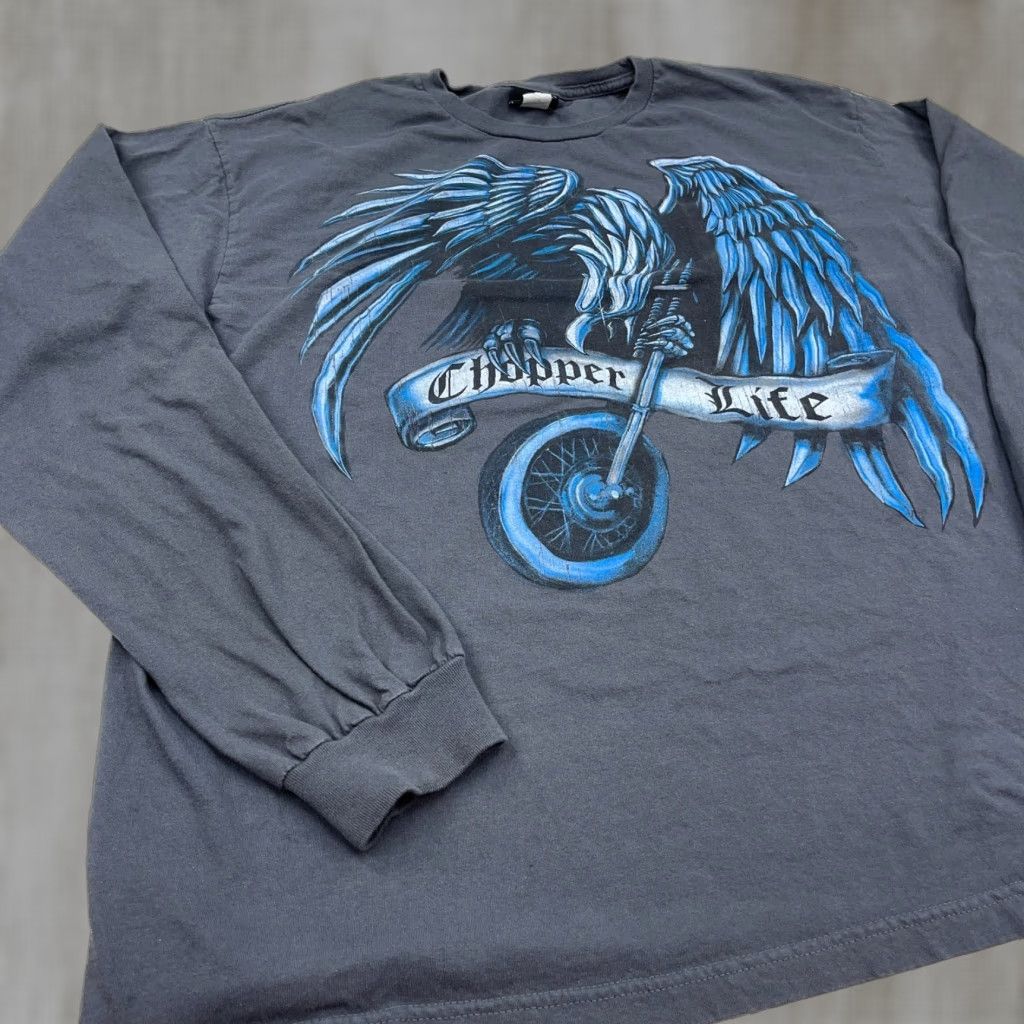 Vintage Hybrid T Shirt Men Xl Gray 2000s Y2k Tattoo Graphic Print Logo Chopper Hipster Motor Hoodie, Sweatshirt