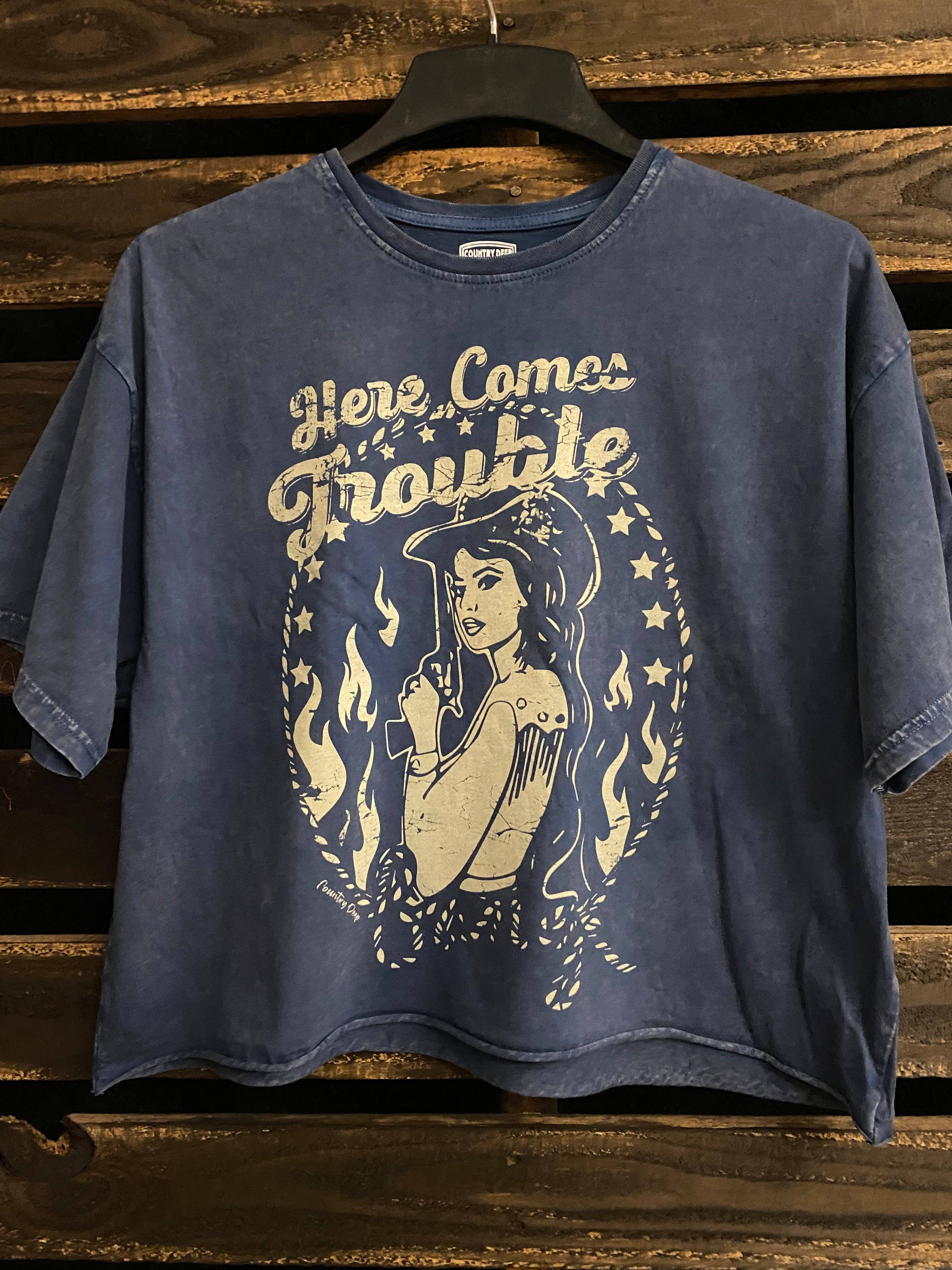 Here Comes Trouble Oversized Lava Washed Cropped T- Shirt Hoodie, Sweatshirt | PodTeesHub.com