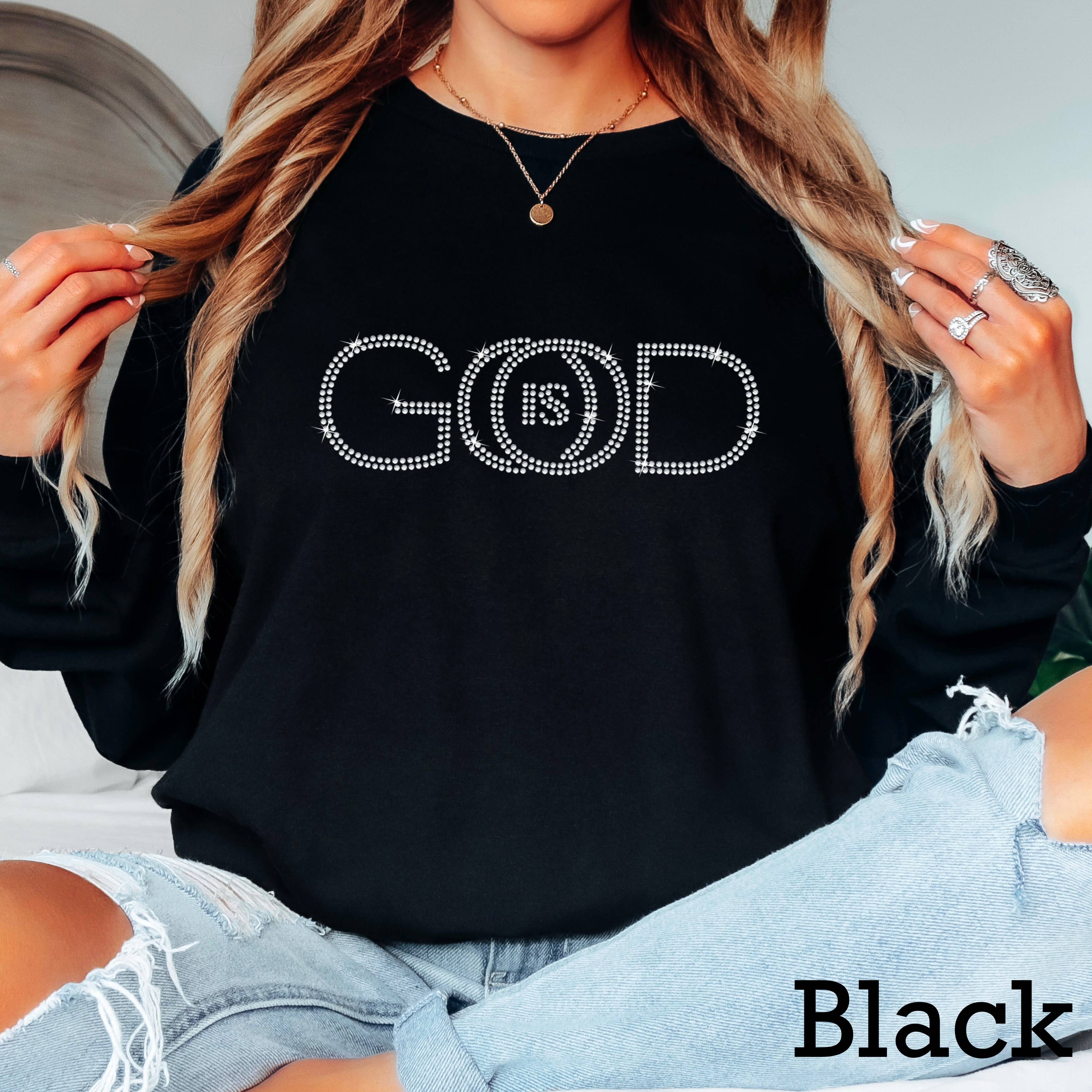 Rhinestone God Is Good Long Sleeve Christian Shirt | Gildan Hoodie, Sweatshirt | PodTeesHub.com