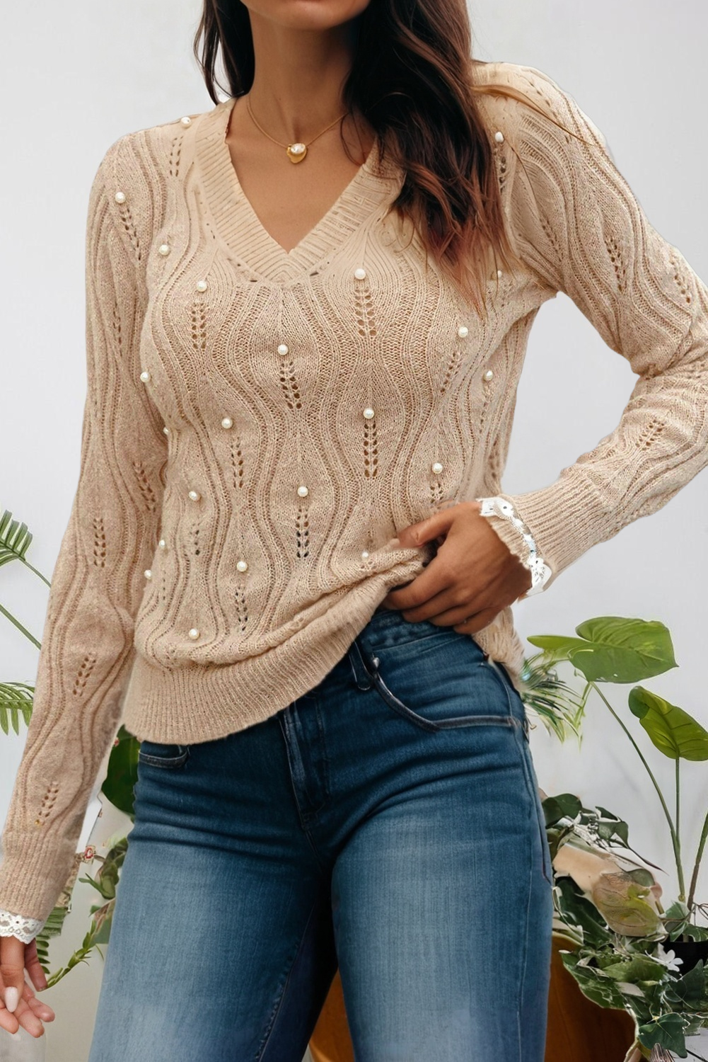 Pearl Beaded Pointelle V Neck Lace Sleeve Sweater (S-Xl) T-Shirts, Hoodie, Sweatshirt | PodTeesHub.com