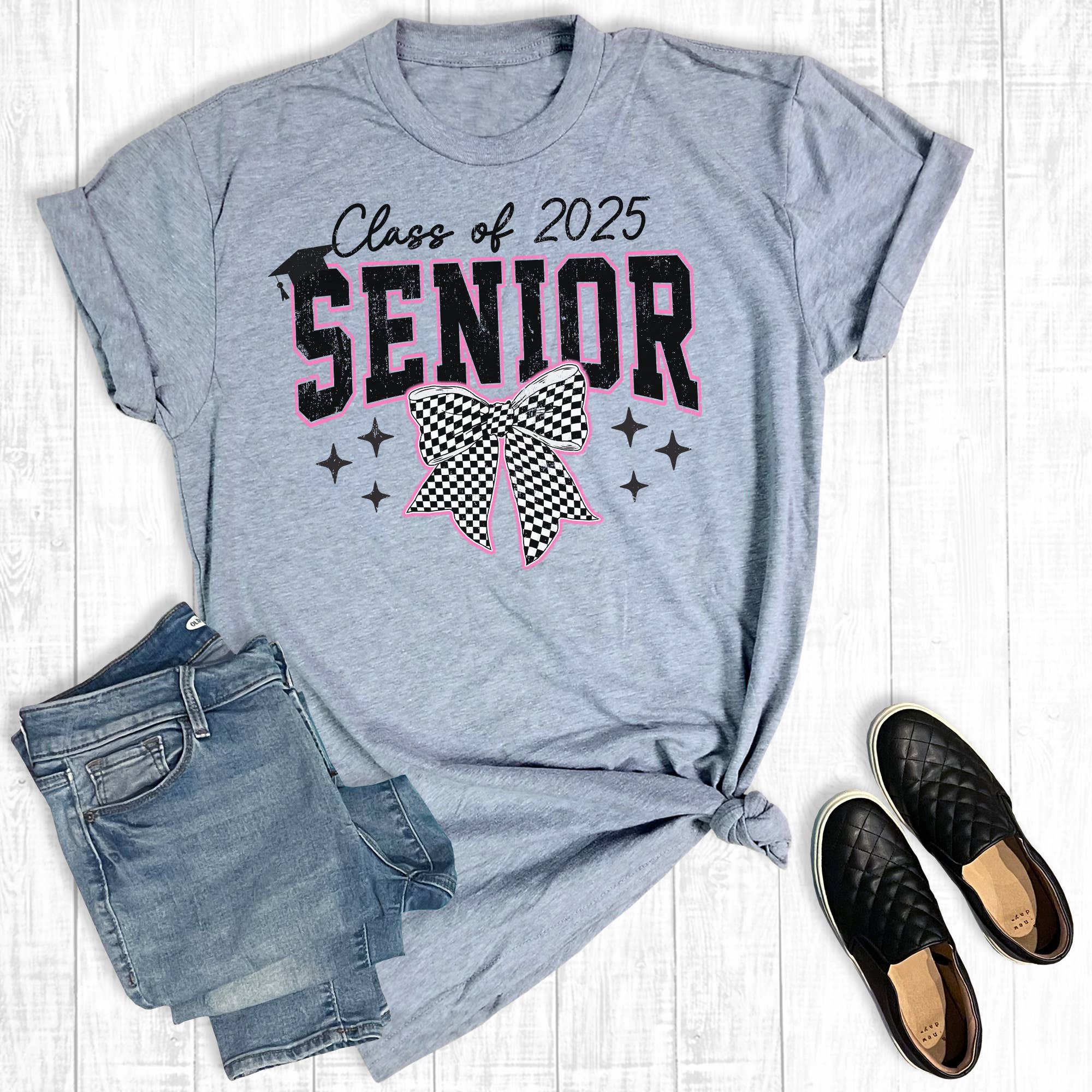 Retro Senior 2025 Checkered Bow Graphic Tee Hoodie, Sweatshirt | PodTeesHub.com