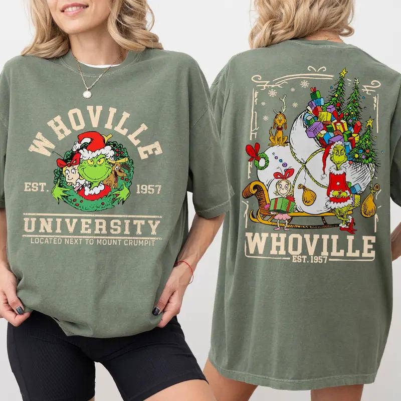 Whoville University Grinch Christmas Tee Hoodie, Sweatshirt | PodTeesHub.com