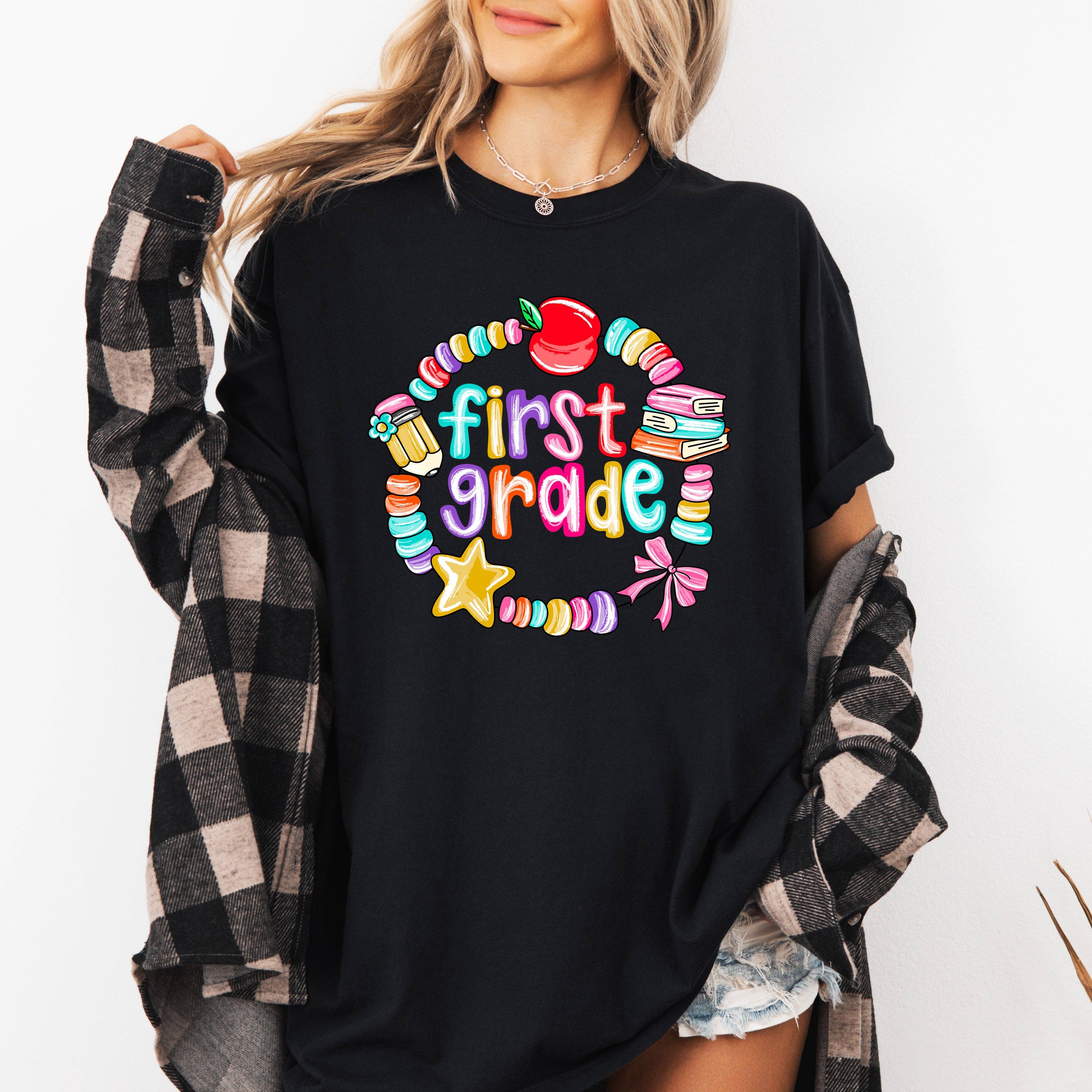 First Grade, Teacher, Back To School, Bracelets, Bow T-Shirt Hoodie, Sweatshirt | PodTeesHub.com