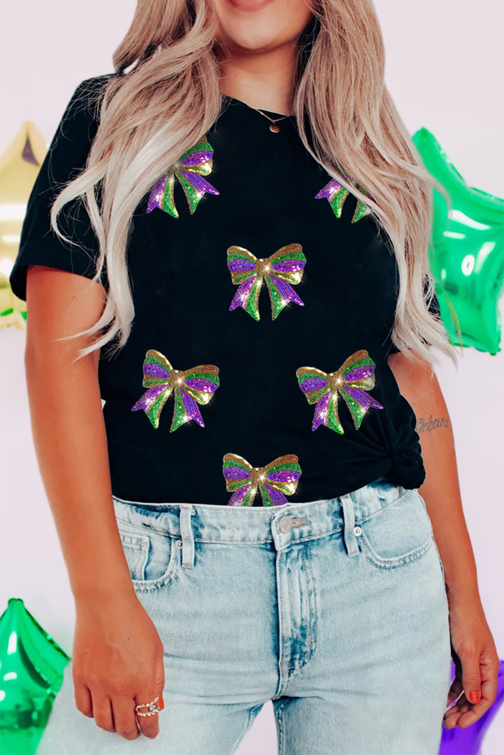 Sequin Mardi Gras Bow Graphic Crewneck Tee (S-3XL) Hoodie, Sweatshirt | PodTeesHub.com