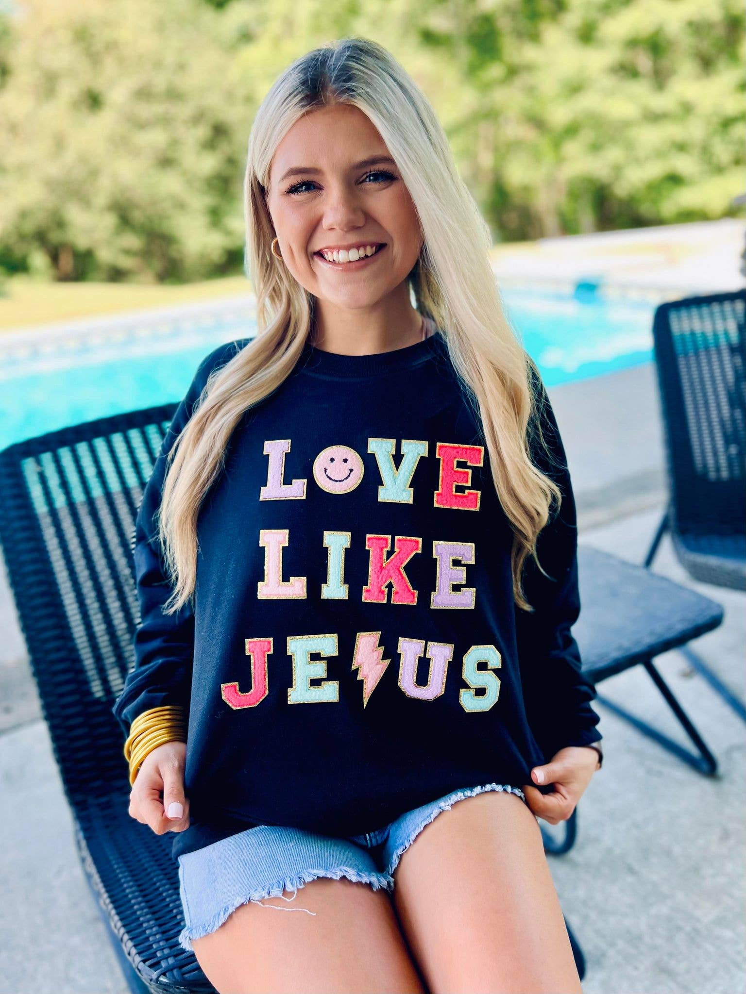 Love Like Jesus Multi Colored Chenille Patch Sweatshirt T-Shirts, Hoodie | PodTeesHub.com