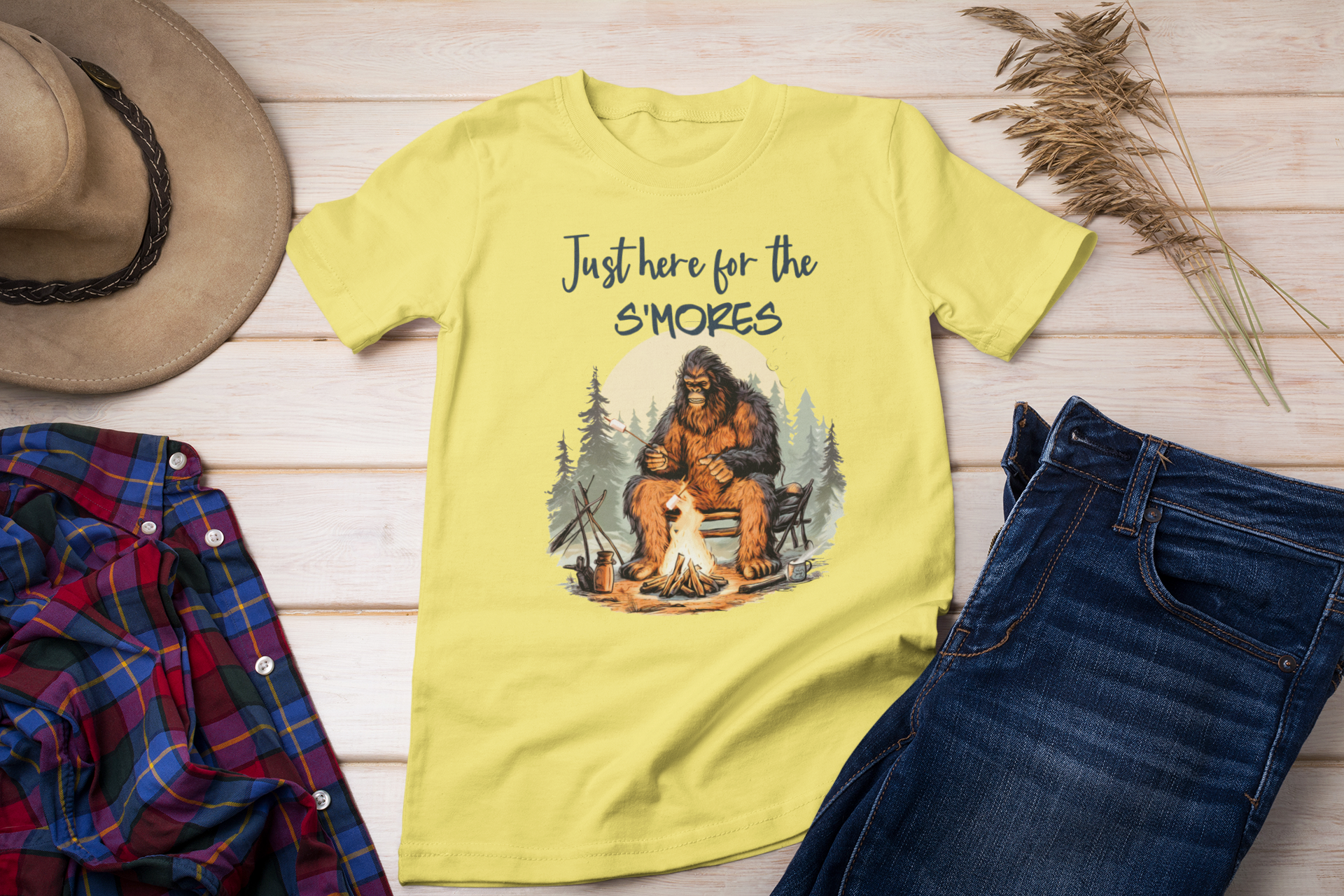 Bigfoot Roasting Marshmallows - Yellow T-Shirt Hoodie, Sweatshirt | PodTeesHub.com