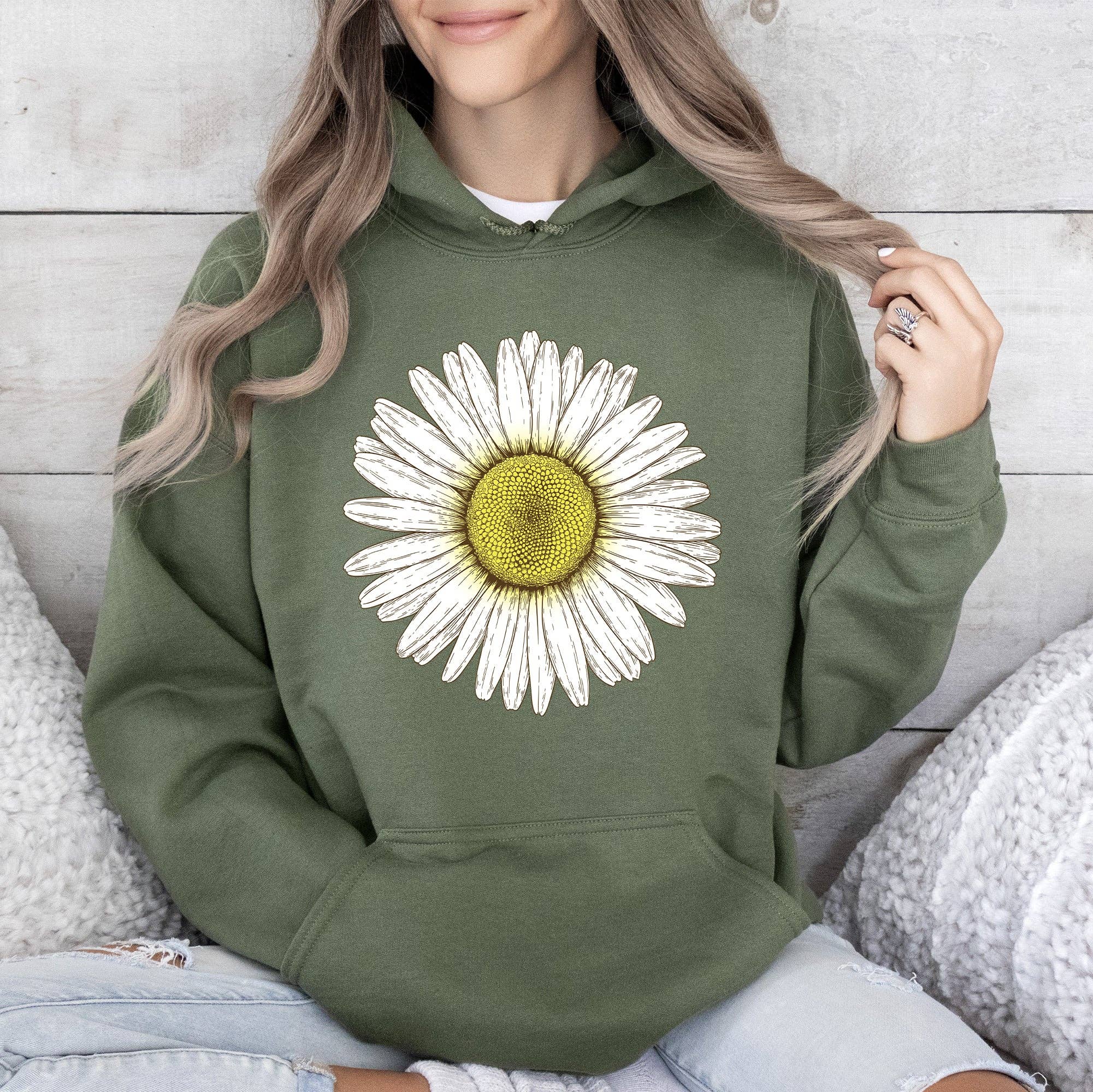 Retro Daisy Print, Vintage Flowers Hoodie T-Shirts, Sweatshirt | PodTeesHub.com