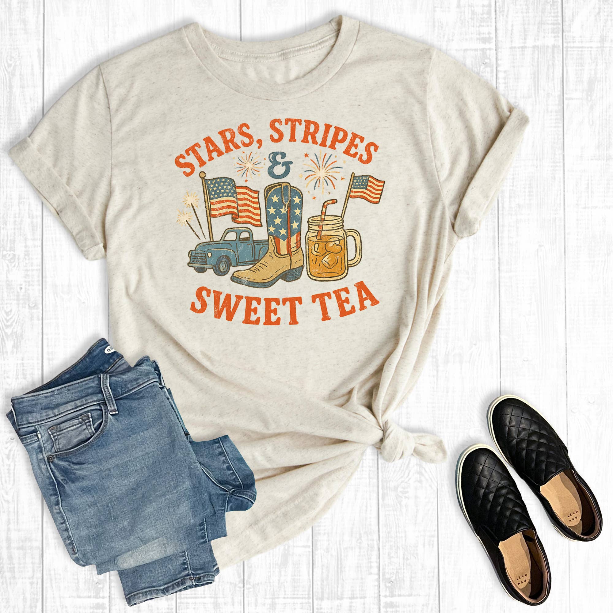 Retro 4th of July Stars Stripes and Sweet Tea Graphic Tee Hoodie, Sweatshirt | PodTeesHub.com