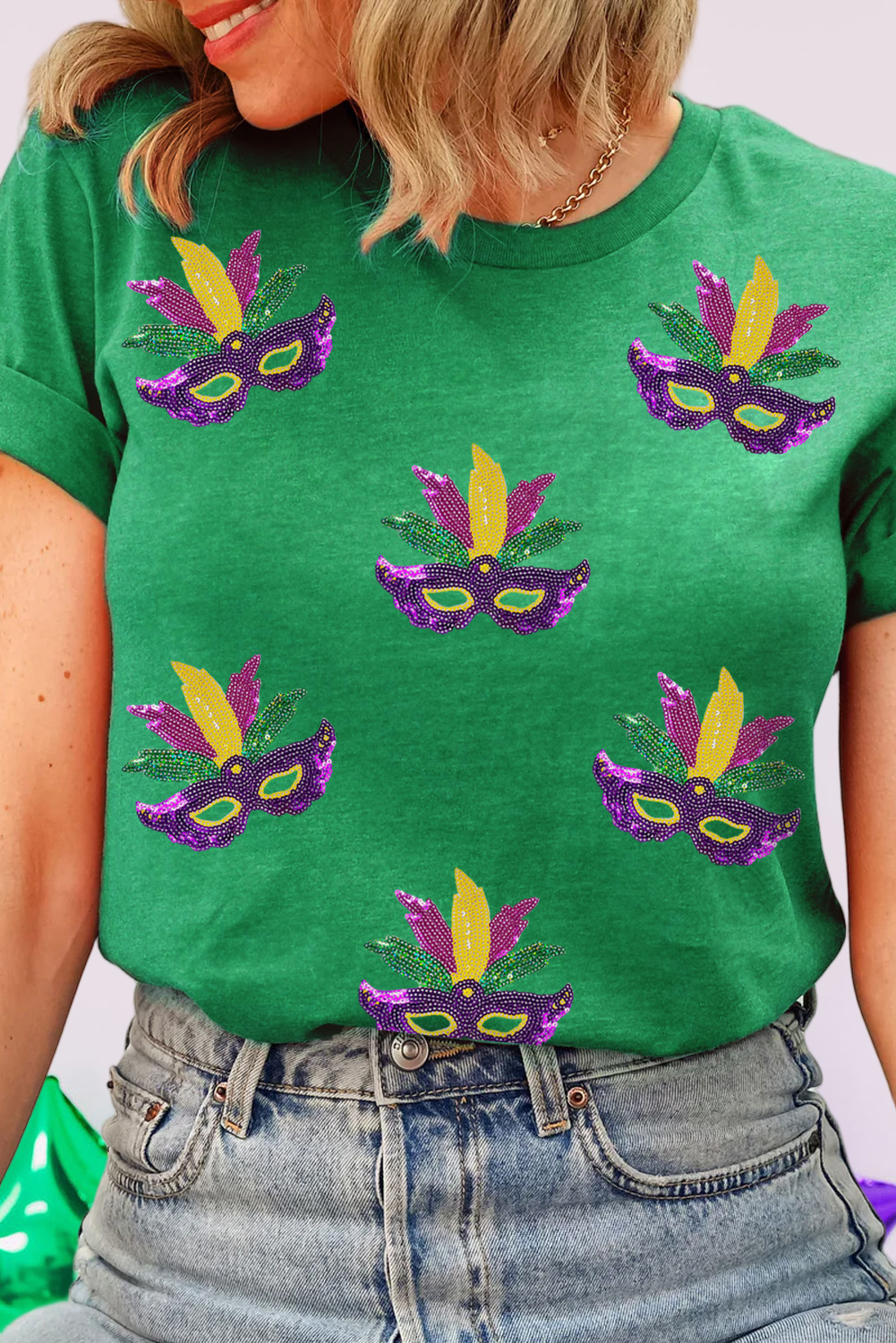 Sequin Mardi Gras Mask Patched Pattern Crewneck Tee (S-3XL) Hoodie, Sweatshirt | PodTeesHub.com