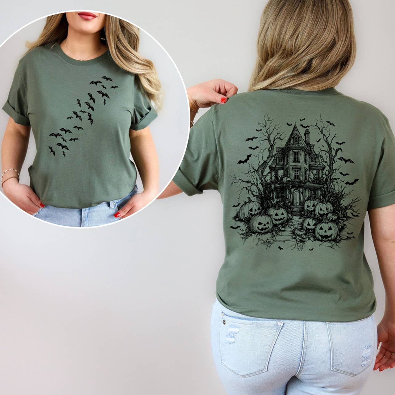 Distressed Haunted House Front and Back Tee Hoodie, Sweatshirt | PodTeesHub.com