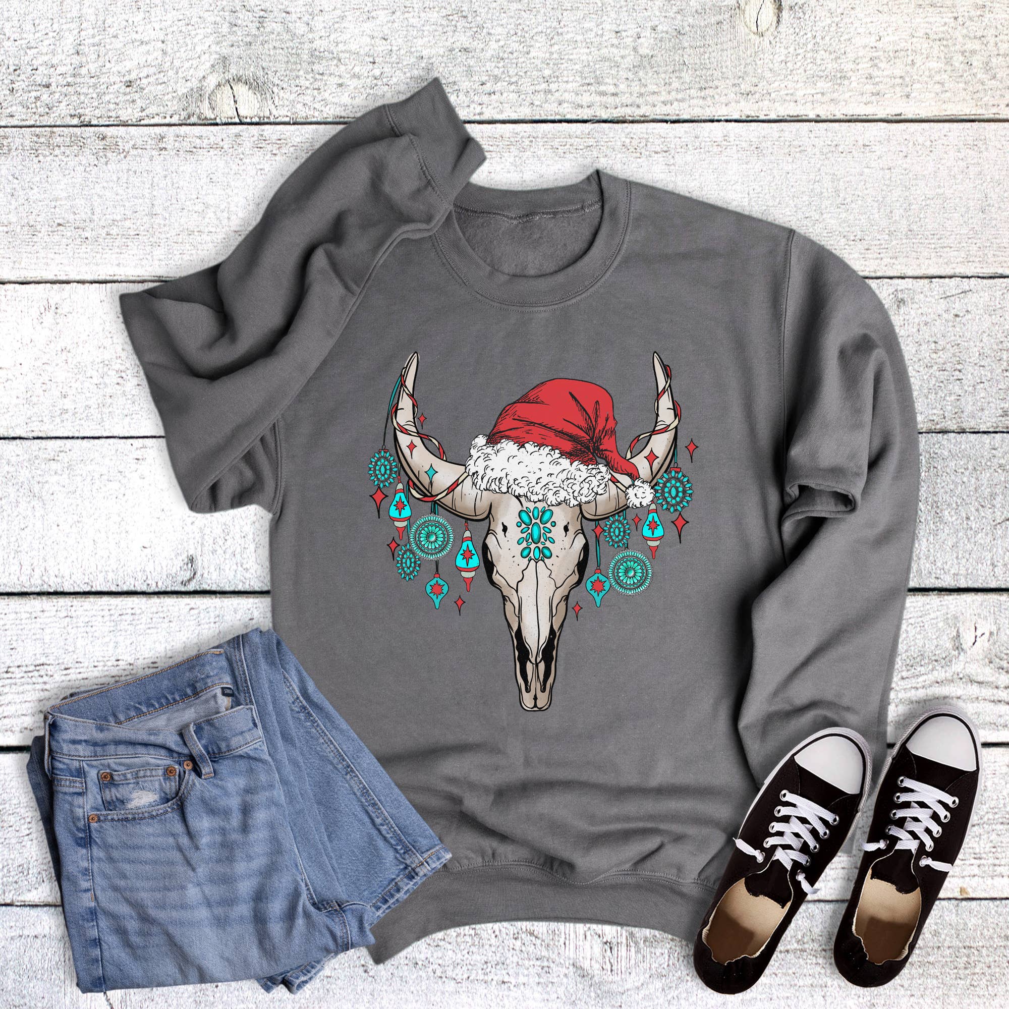 Christmas Western Cow Skull with Ornaments Sweatshirt T-Shirts, Hoodie | PodTeesHub.com