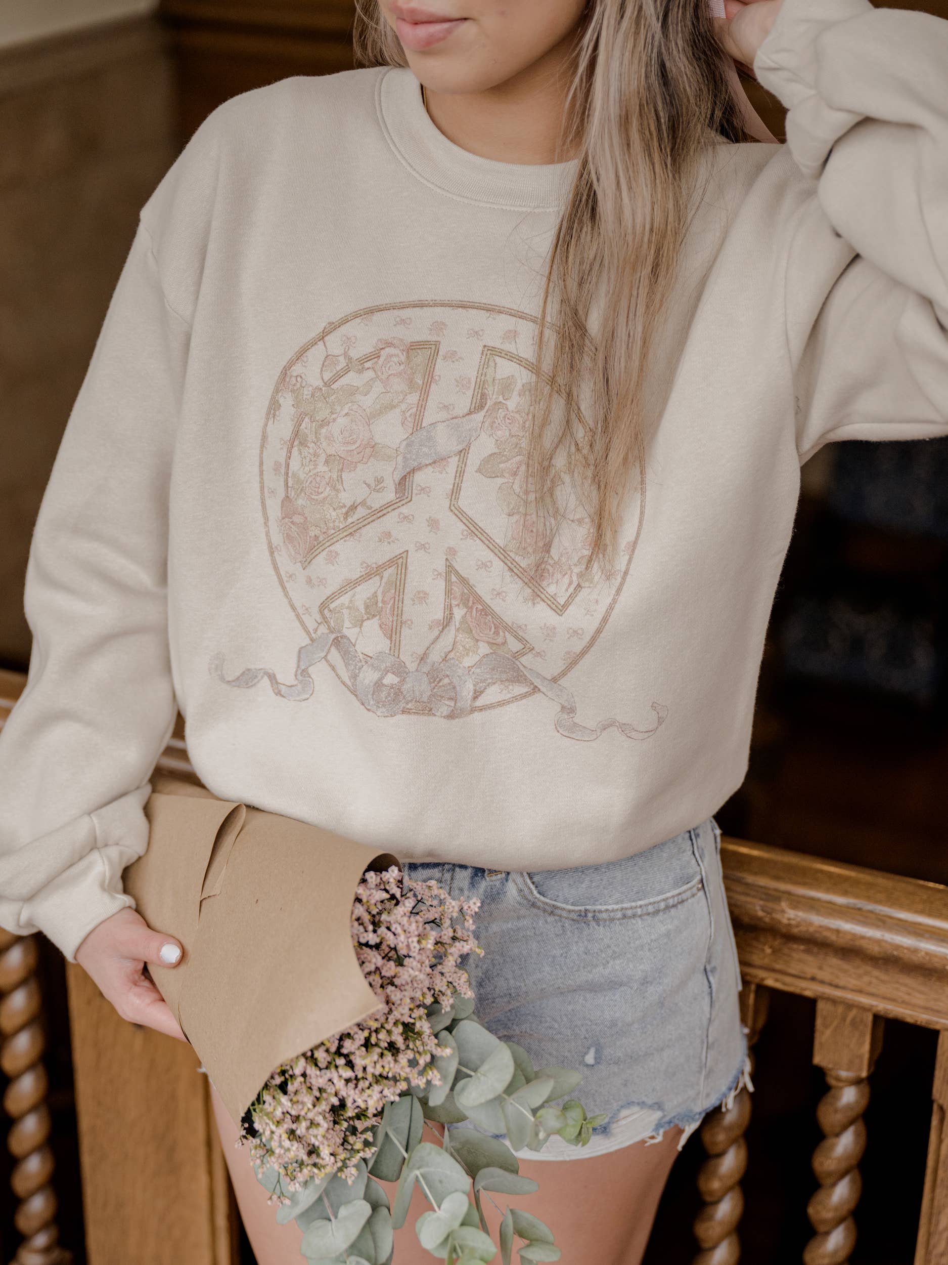 Floral Peace Sign Bone Fleece Raglan Sweatshirt T-Shirts, Hoodie | PodTeesHub.com
