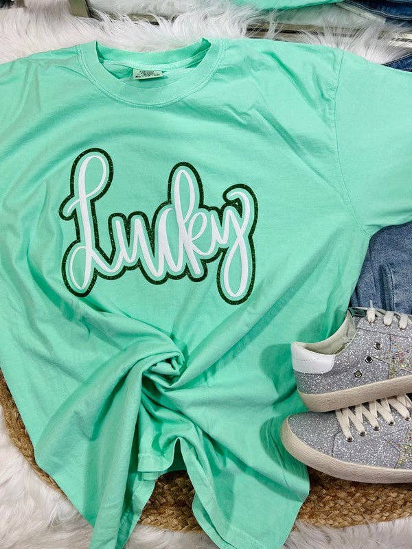 Lucky Cursive Double Puff-Glitter T - Shirt Hoodie, Sweatshirt | PodTeesHub.com