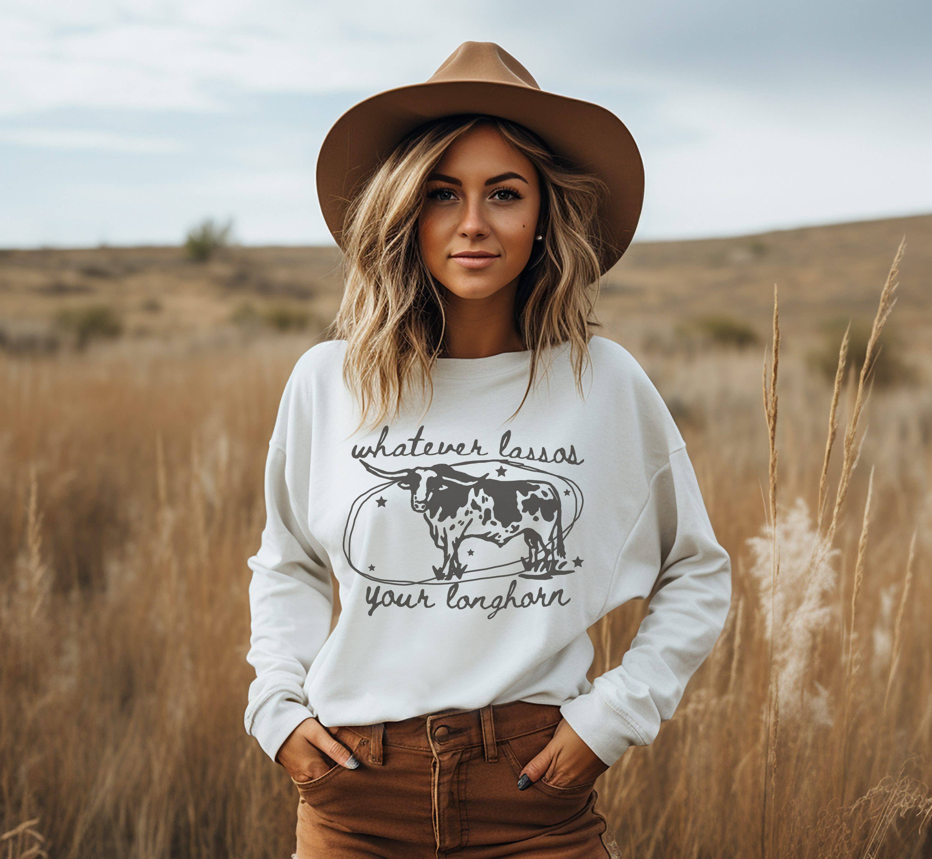 Whatever Lassos Your Longhorn Crew Neck Sweatshirt T-Shirts, Hoodie | PodTeesHub.com