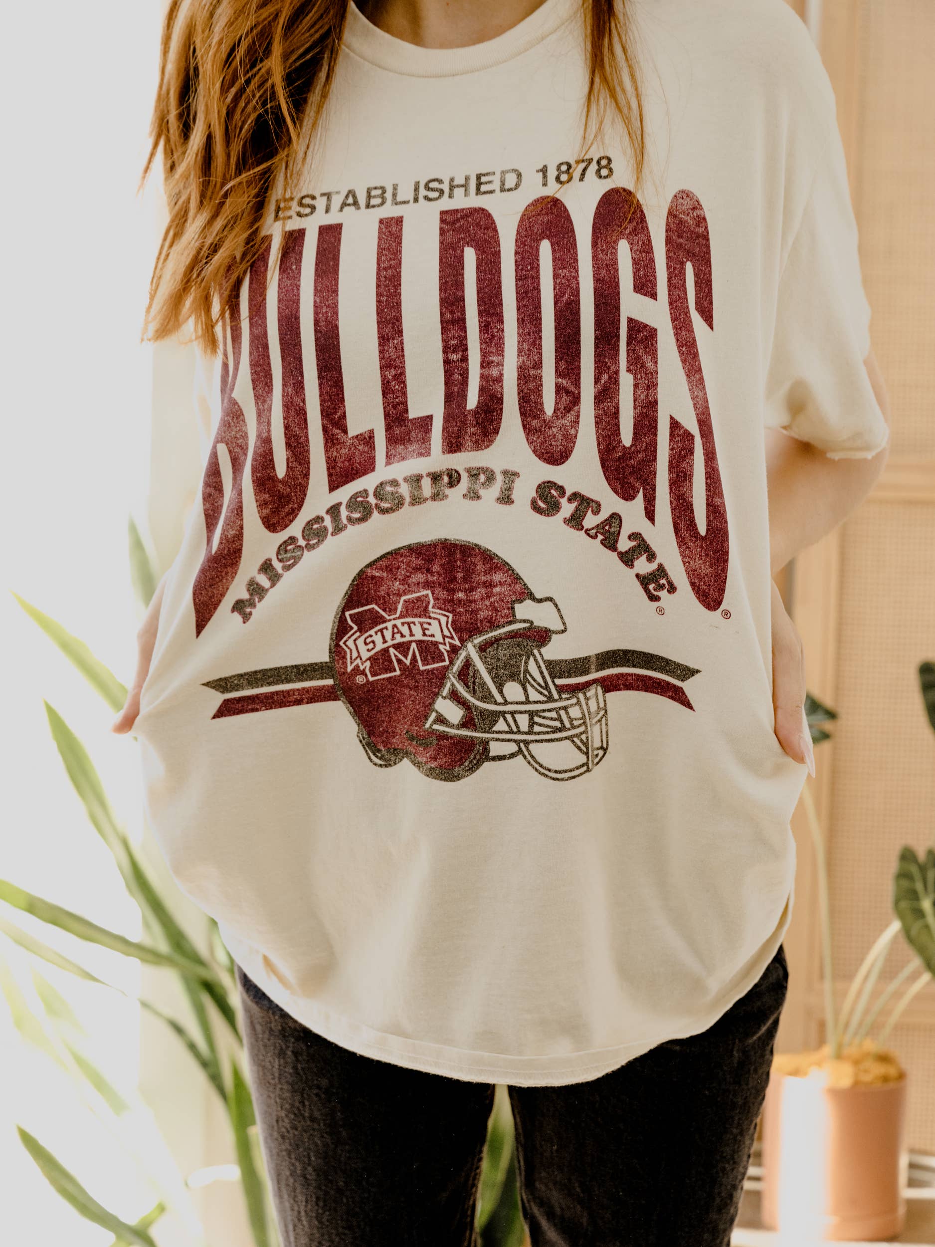 Mississippi State Established Helmet Off White Thrifted Tee Hoodie, Sweatshirt | PodTeesHub.com