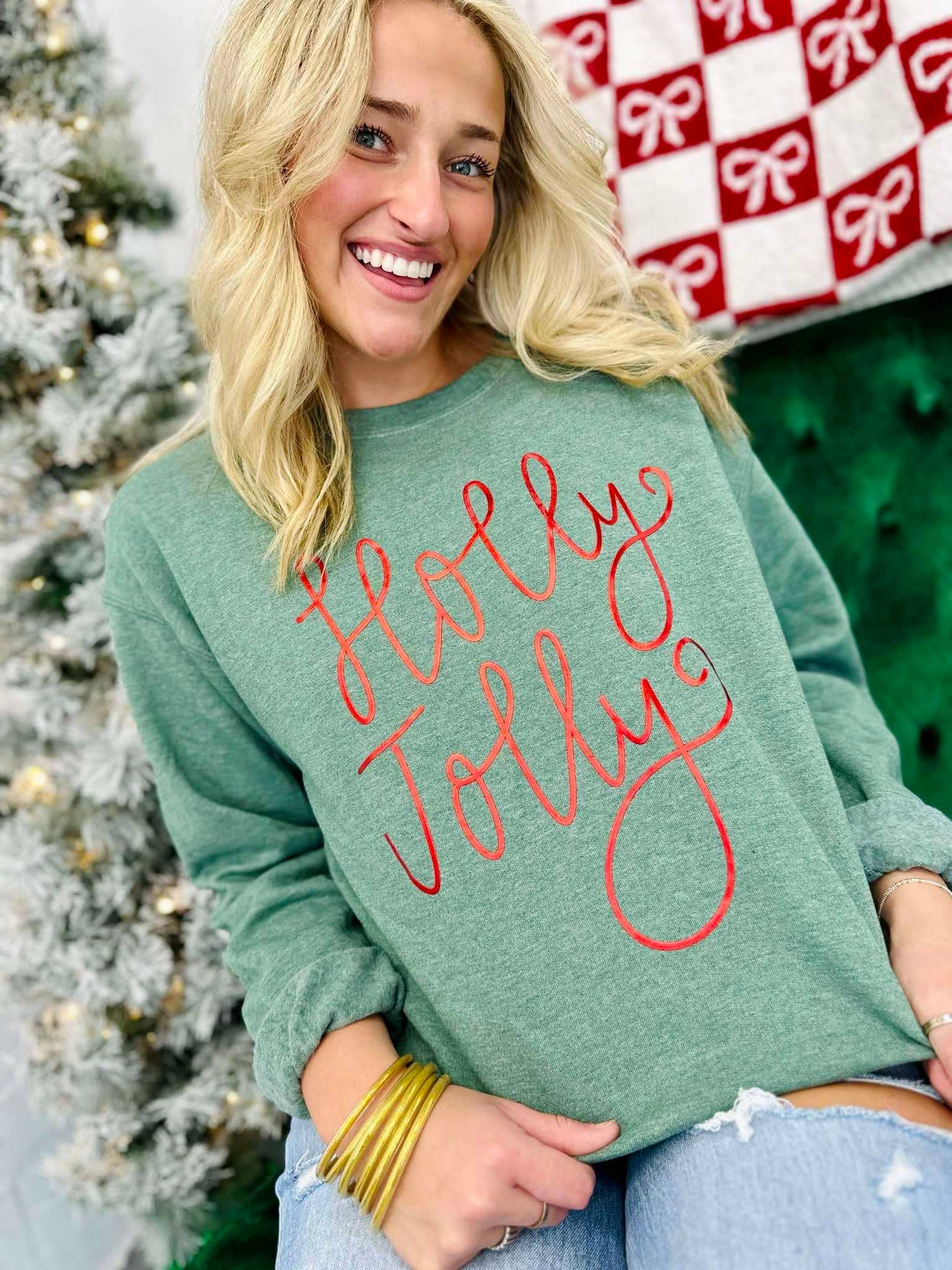 Holly Jolly Thin Cursive Metallic Puff Sweatshirt T-Shirts, Hoodie | PodTeesHub.com