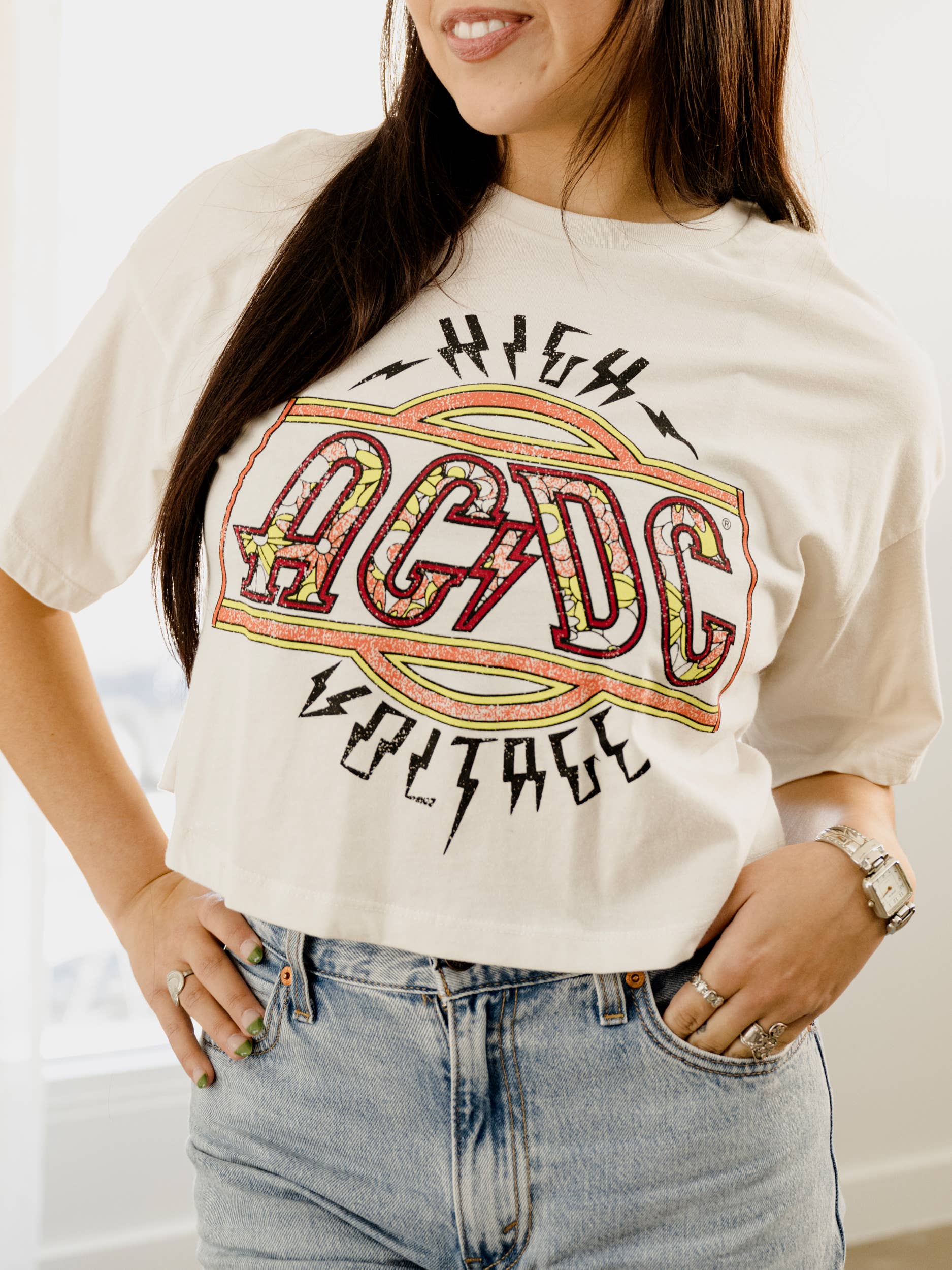 Acdc High Voltage Flower Off White Cropped Graphic Tee Hoodie, Sweatshirt | PodTeesHub.com
